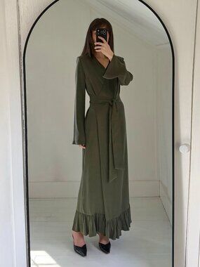 Omid by Hadar The Leah Satin Maxi Wrap Dress in Olive Green Size XS Retail $348